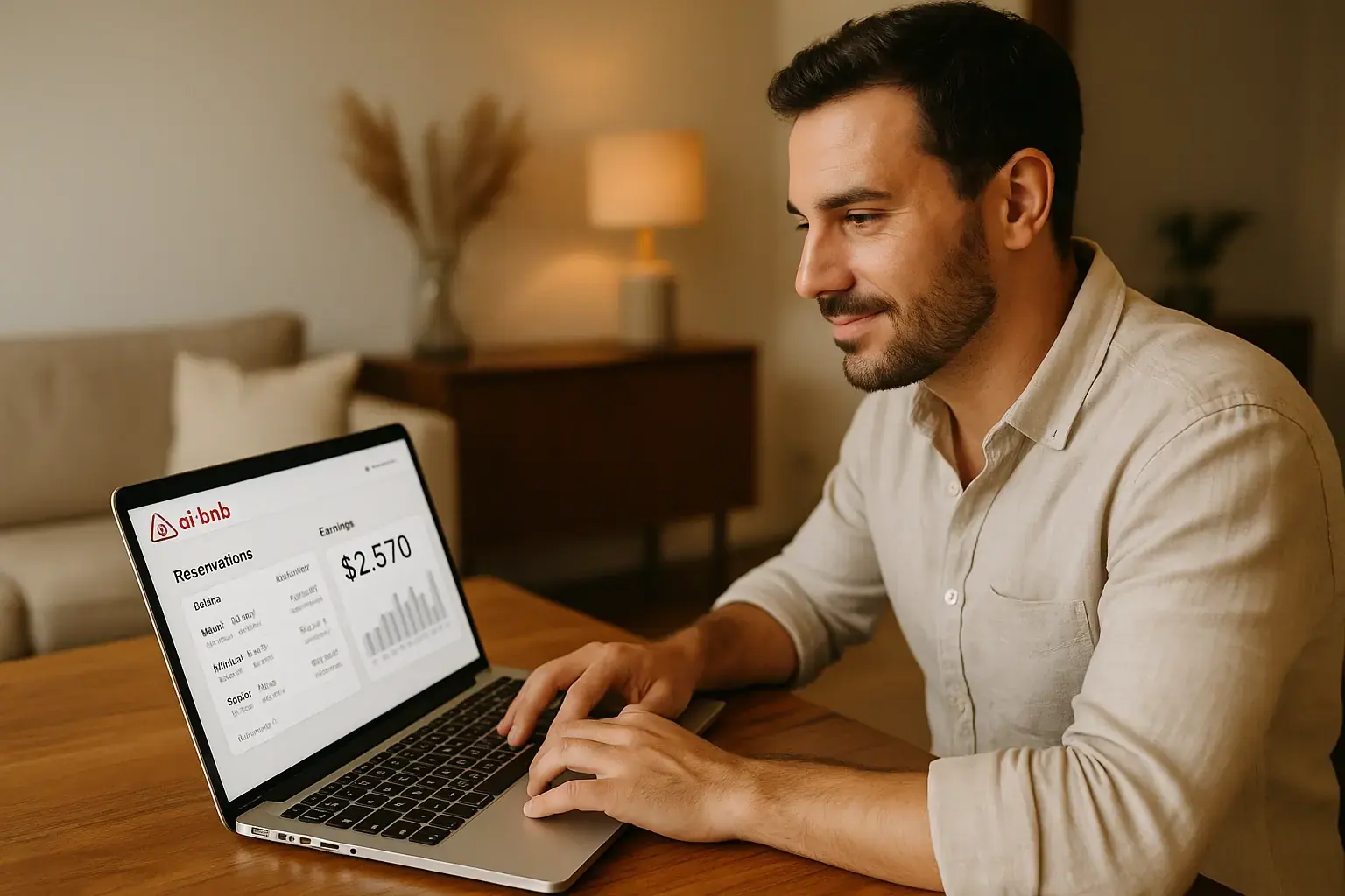 Host de Airbnb argentino revisando reservas y cobros en dólares en una laptop