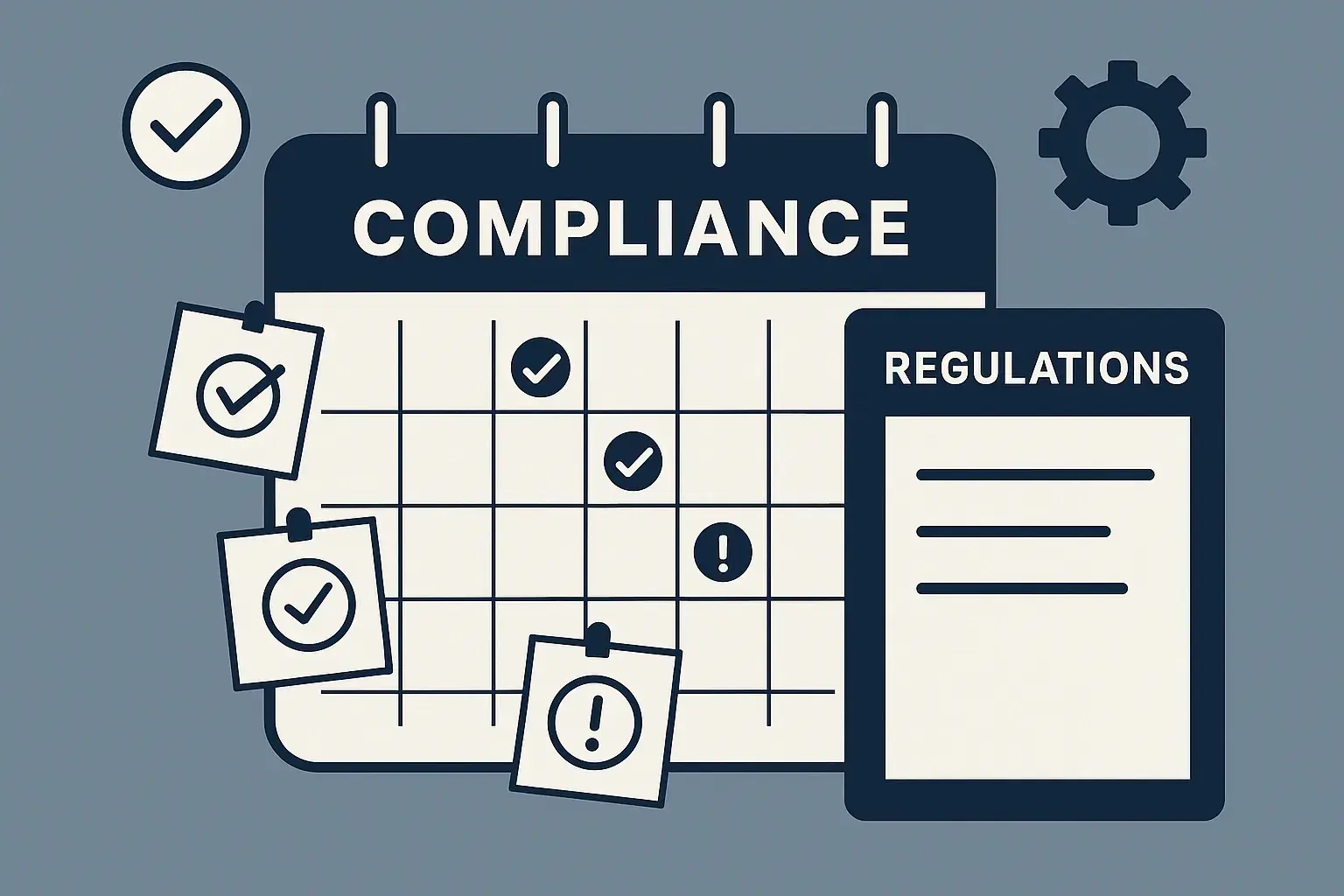 Panel de cumplimiento empresarial con calendario y recordatorios regulatorios