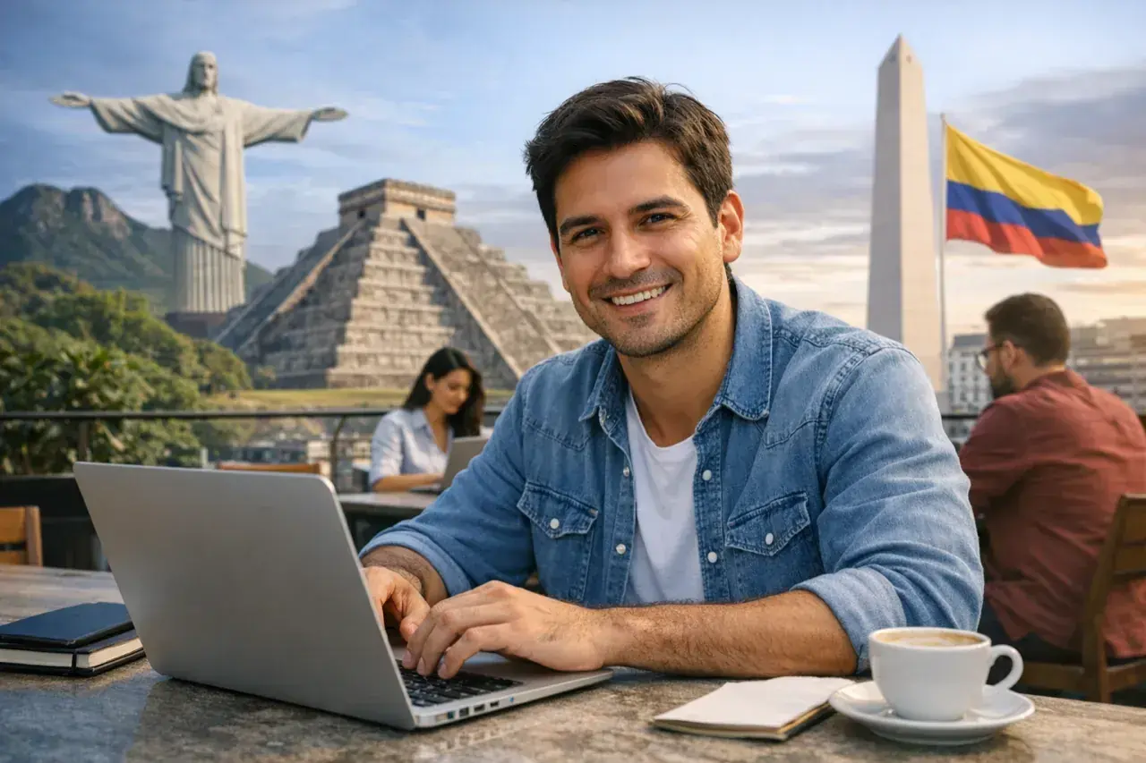 Emprendedor latino revisando documentos de LLC y panel financiero en una laptop
