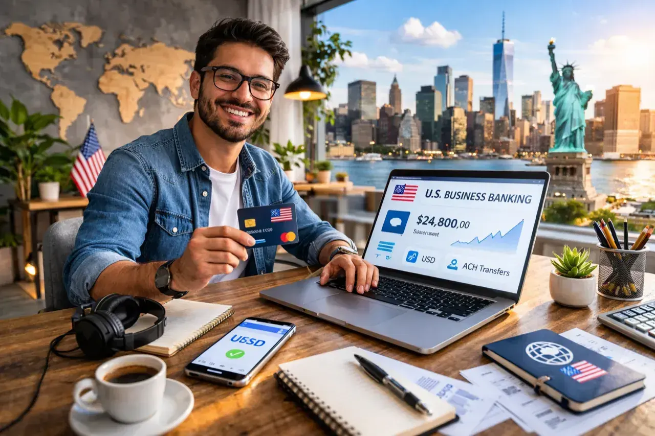Empresario extranjero revisando una banca digital empresarial en laptop y teléfono