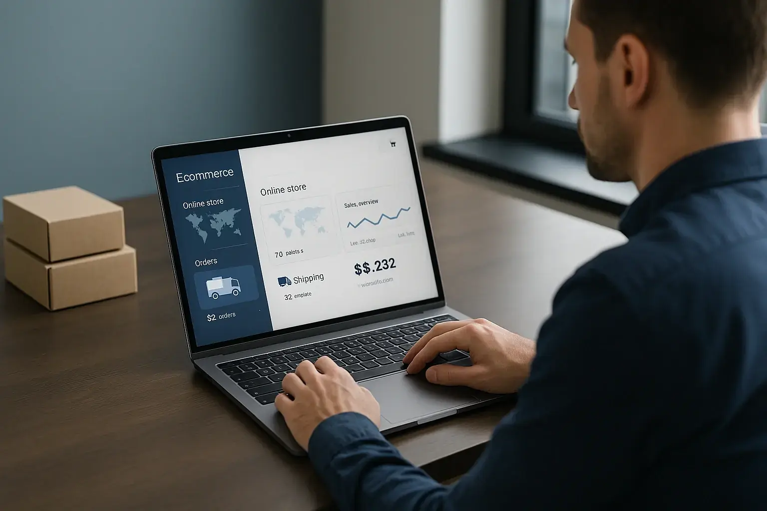 Operador de ecommerce revisando tienda online y métricas de ventas internacionales