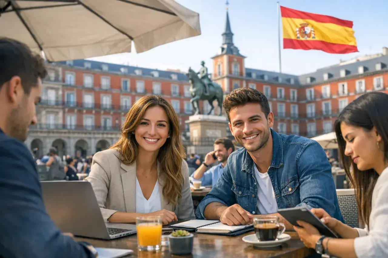 Emprendedor español trabajando con clientes internacionales y panel financiero en dólares