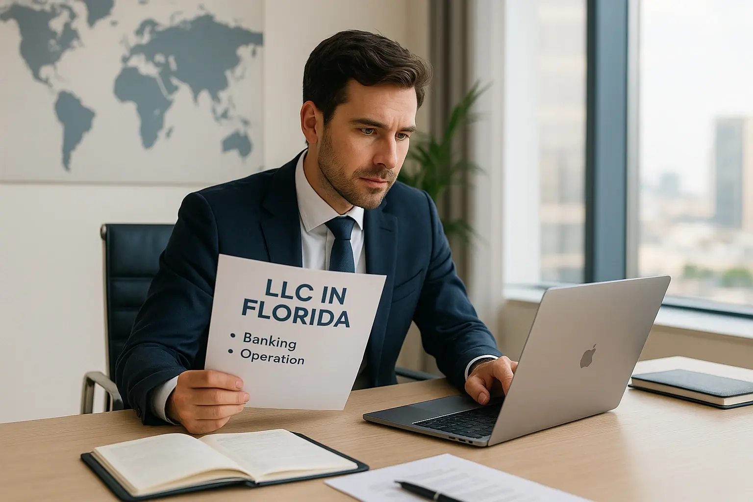 Emprendedor extranjero analizando LLC en Florida con foco en operación y banca