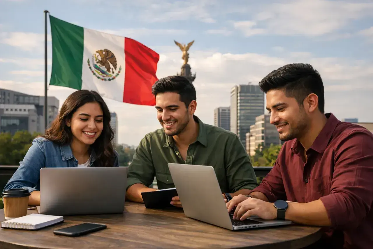 Emprendedor mexicano trabajando con laptop y panel de pagos internacionales