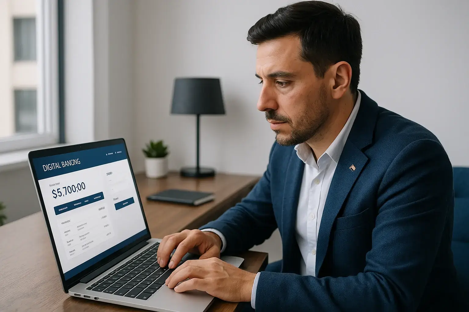 Emprendedor argentino configurando banca digital empresarial en una laptop