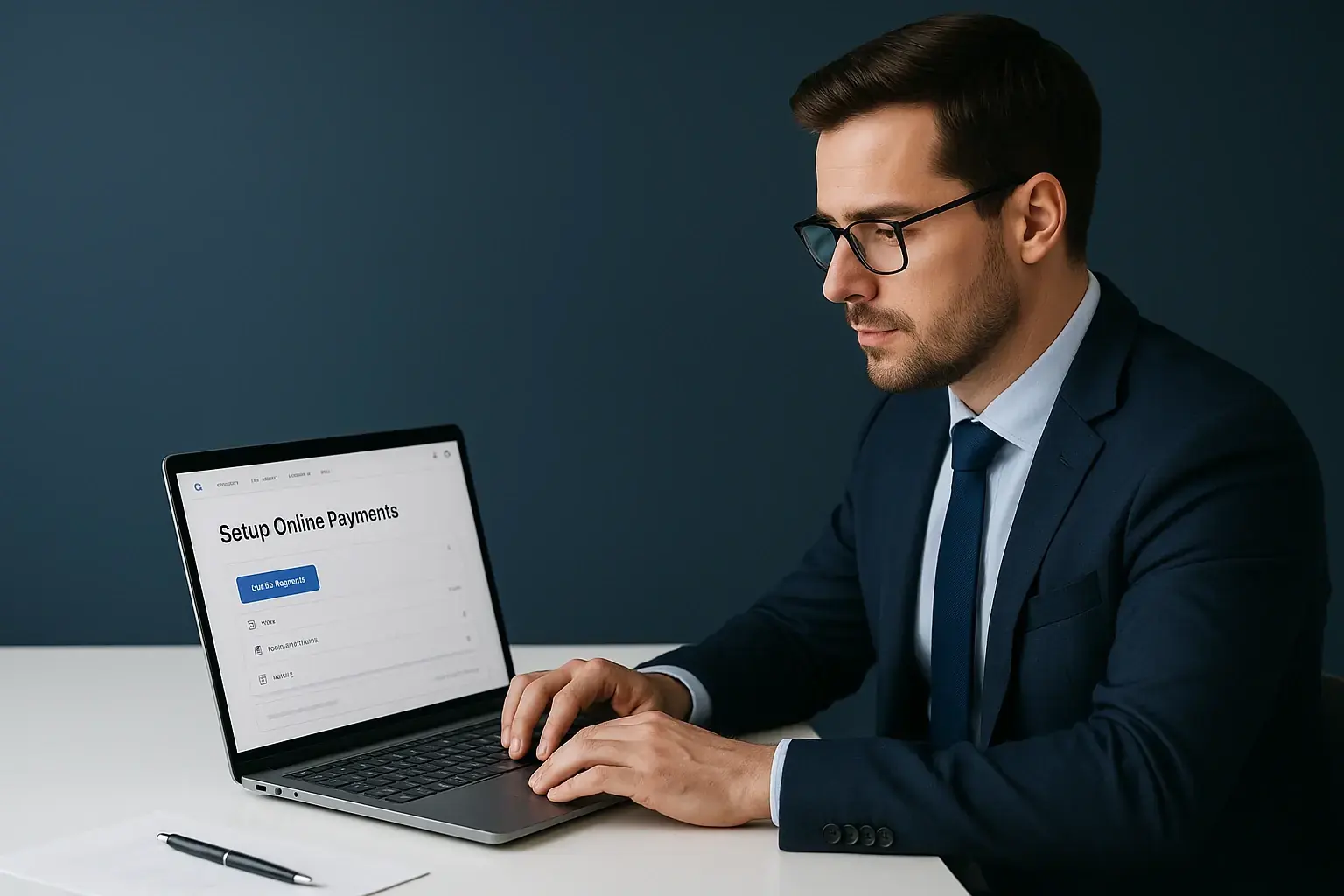 Fundador revisando pagos en línea y configuración de pasarela internacional