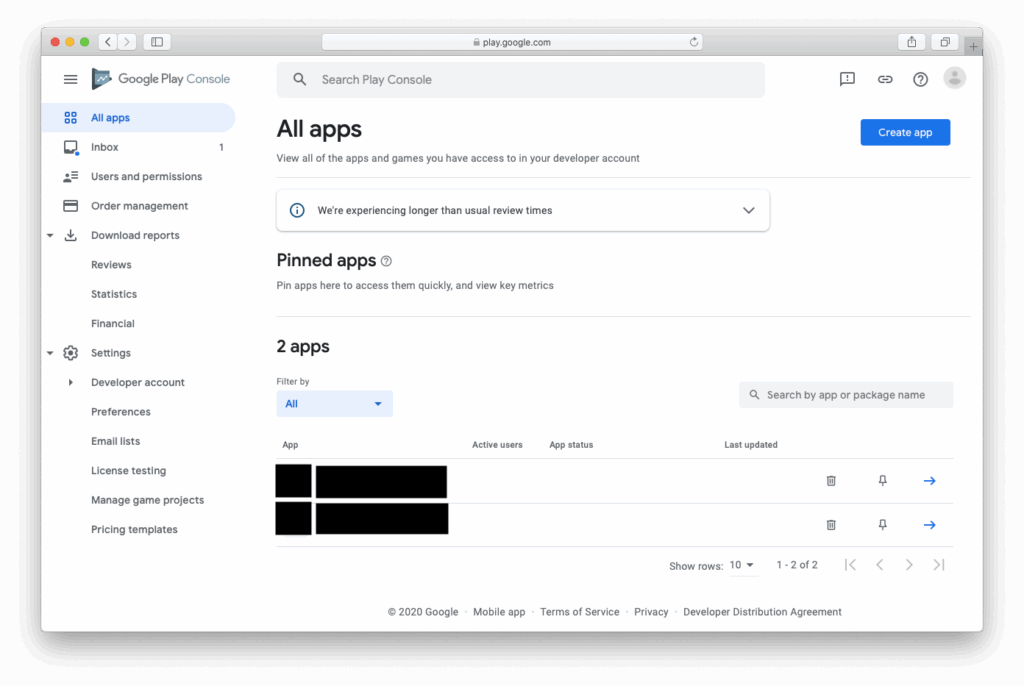 Google Play Console dashboard showing the list of apps managed by the developer, useful for illustrating the Play Store app publishing process