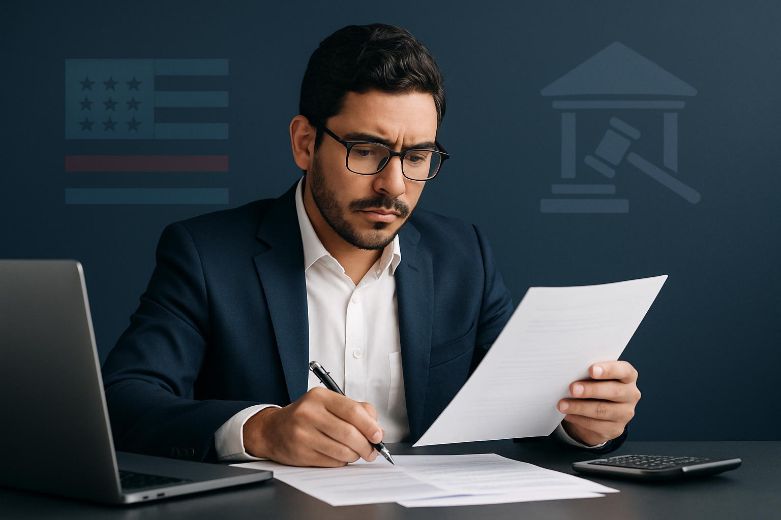 Emprendedor latinoamericano revisando documentos fiscales del IRS para su LLC en Estados Unidos.