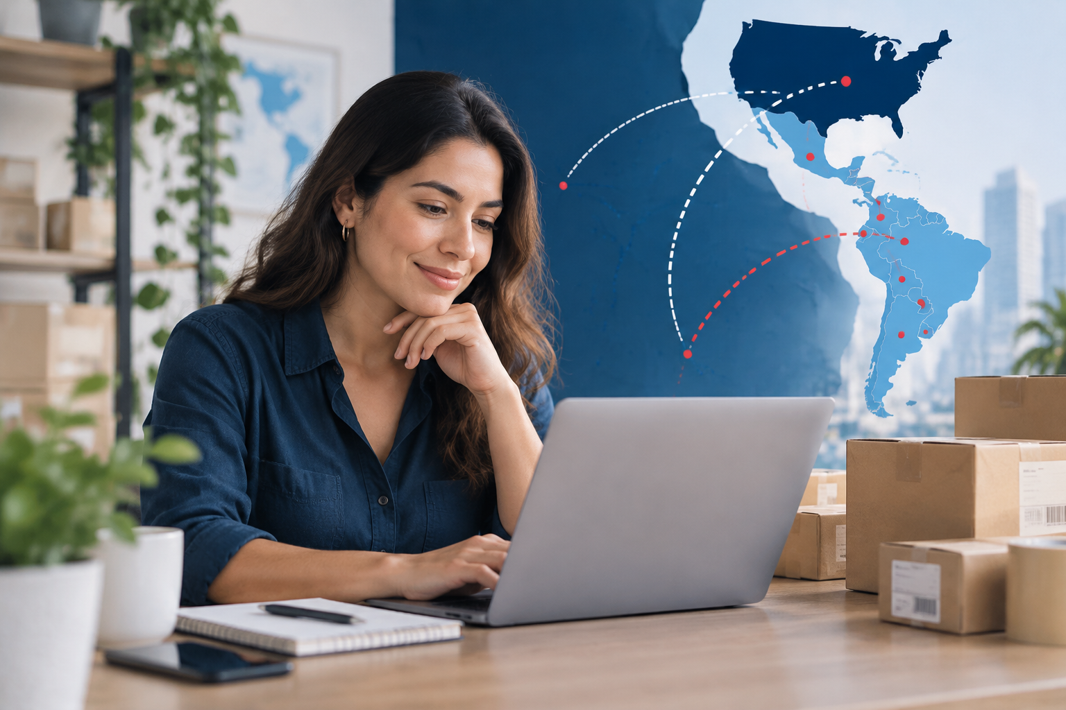 Emprendedora revisando pedidos internacionales en una computadora junto a cajas de envío.
