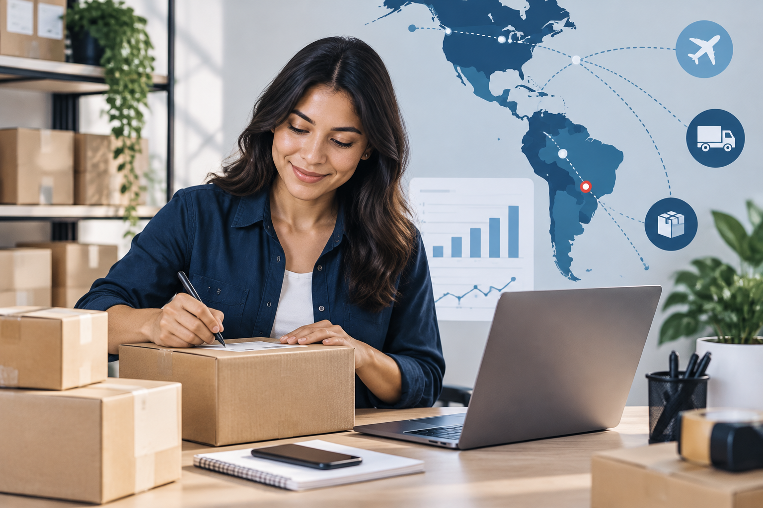 Emprendedor organizando pedidos de su tienda online junto a una computadora y cajas de envío.