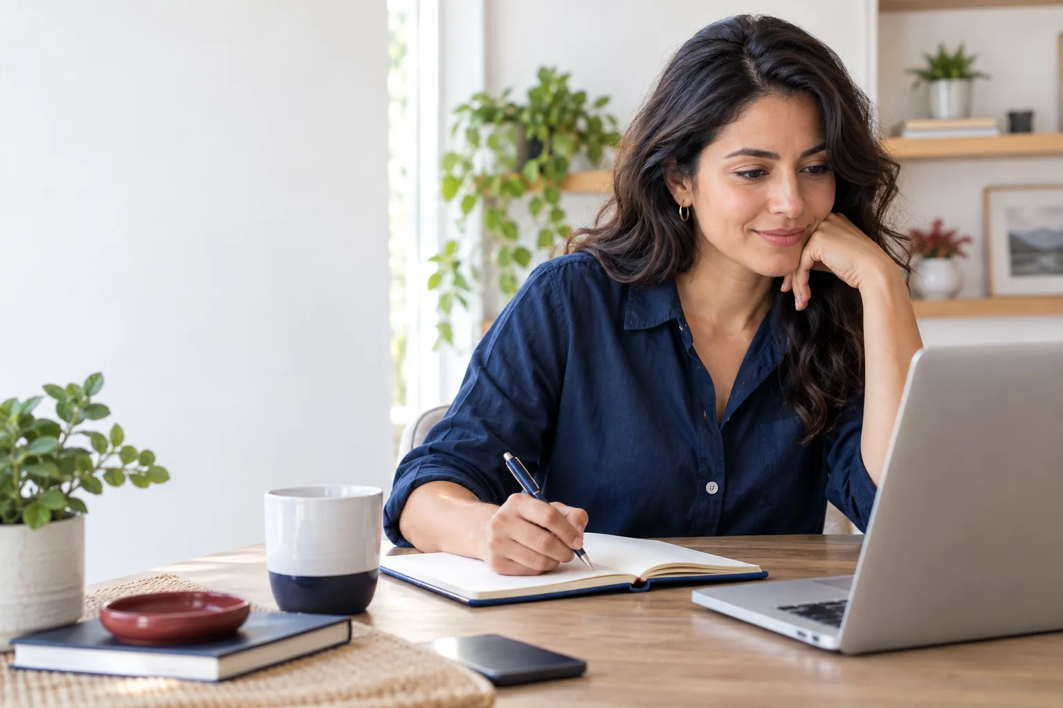 Emprendedora trabajando en su negocio con una computadora y un cuaderno.