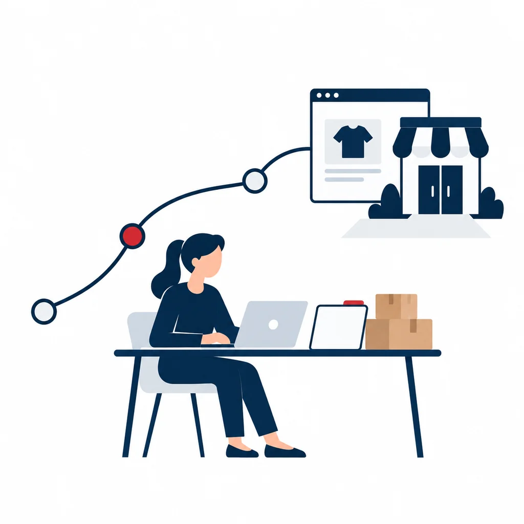 Emprendedor de ecommerce organizando su empresa y operación online.