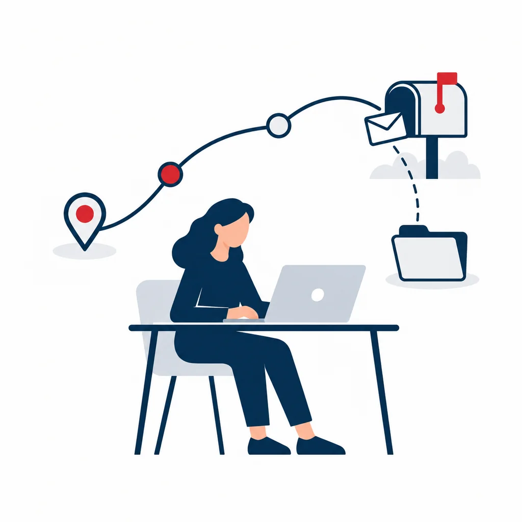 Emprendedor configurando un servicio de dirección y correspondencia comercial.