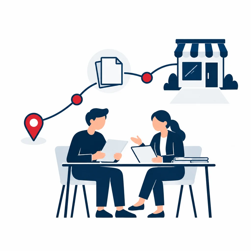 Emprendedor revisando requisitos y documentos para licencias comerciales.